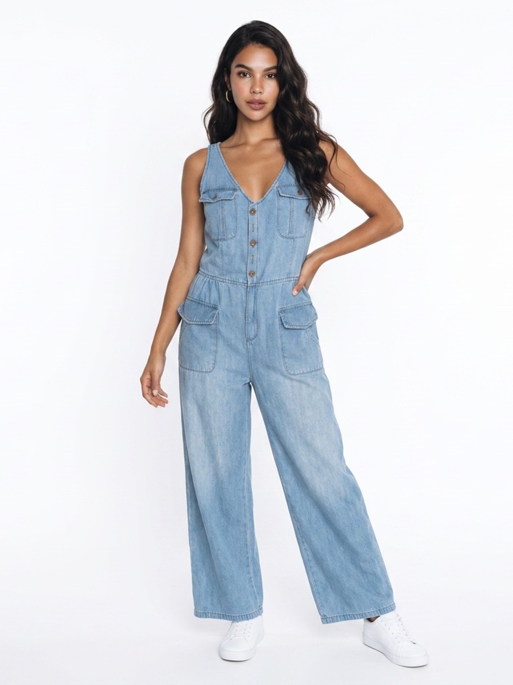 Source Unknown Light Blue Denim Wide-Leg Jumpsuit